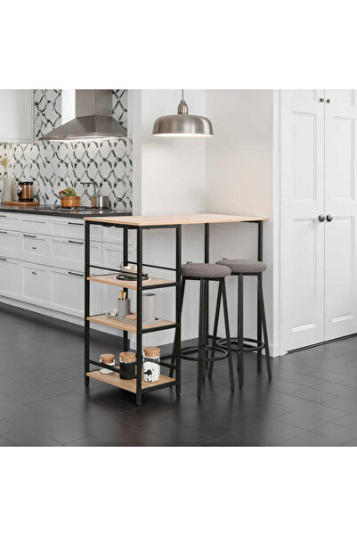 Adore Mobilya Step-Up 2 Tabureli Yüksek Ayaklı Raflı Yemek Masası Ceviz/Siyah 100x50x100