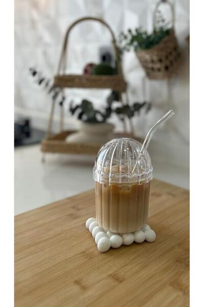 Ünal 4 Pieces Crystal Pinterest Glasses with Glass Straws 400ml Cool Beverage Glasses for Coffee, Lemonade and Presentation