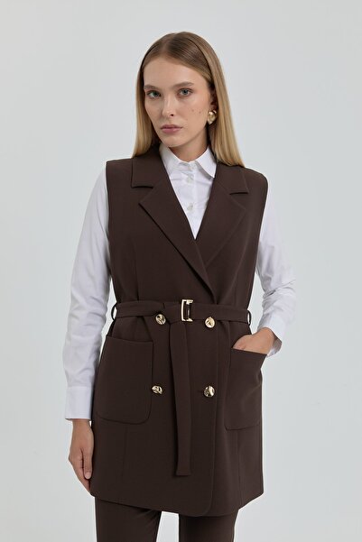 Nihan Kuşaklı Kruvaze Yelek Kahve