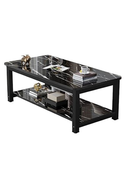 OEM Rectangular Decorative Table, Black Metal Frame, Marble-like MDF Top, Industrial Style, 80x40cm