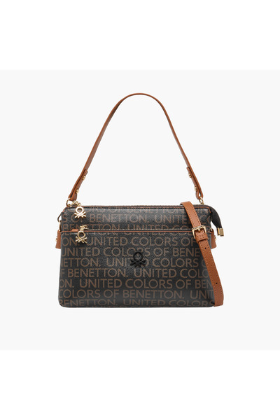 United Colors of Benetton UCB Monogram Print Crossbody Bag with Detachable Strap and Zip Closure