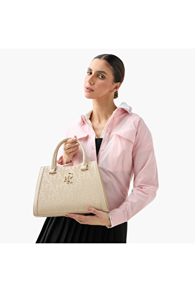 SASHA Monogram Embossed Tote Bag with Detachable Strap and Zip Closure
