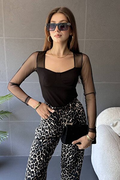 DazzUp Kadın Kare Yaka Tül Detaylı Bluz