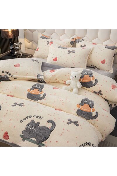 JOJO HOME Cocolino Double Bed Linen, 4 pieces, with ELASTIC, Cute cat