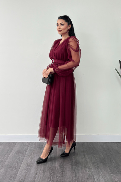 giyimmasalı Tulle Fabric Double Breasted Neck Stone Belt Detail Dress - Bordo