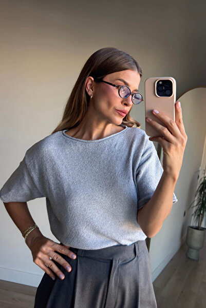 Sue Store Γκρι πλεκτή μπλούζα με λαιμόκοψη oversize