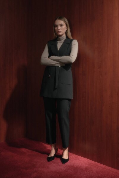 Nihan Kuşaklı Kruvaze Yelek Siyah