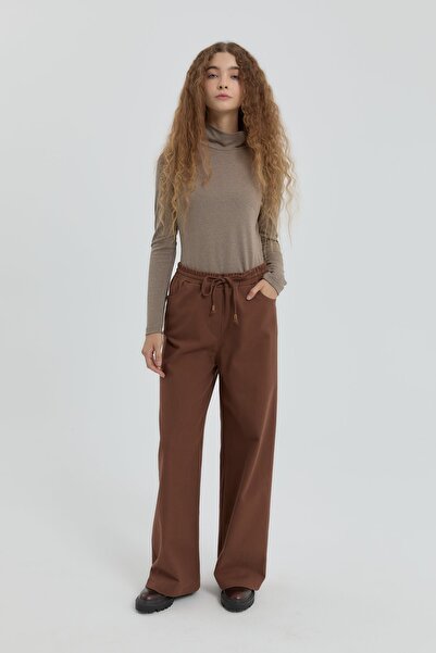 Nihan Gabardin Beli Lastikli Bol Paça Pantolon Kahve