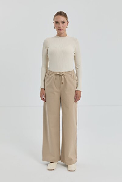 Nihan Gabardin Beli Lastikli Bol Paça Pantolon Bej