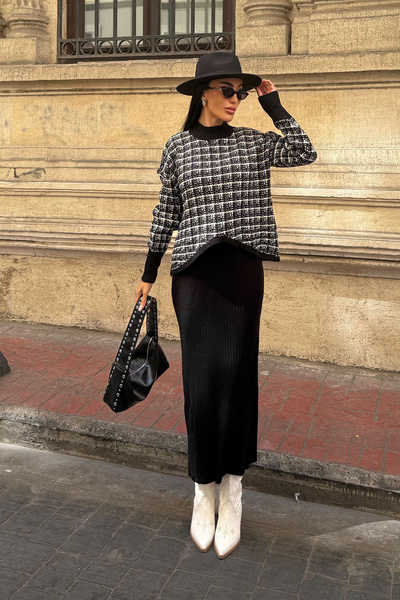 bacc Black Plaid Pattern Sweater and Dress Knitwear Set Bcdf-25A2253