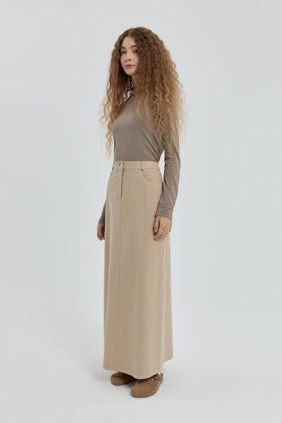 Nihan Gabardin Nakış Detaylı Etek Bej