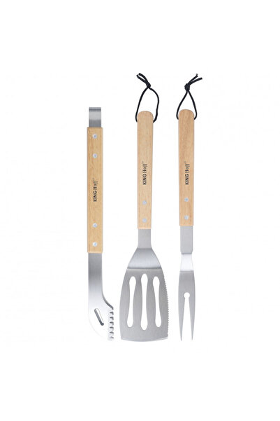 Kinghoff 3 barbecue utensils KH 1918, Spatula, Tong, Wooden handles, Hanging, Stainless steel/brown