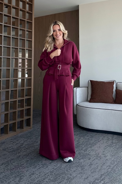 Laluvia Burgundy Belted Trousers with Pencil Suit - 7278