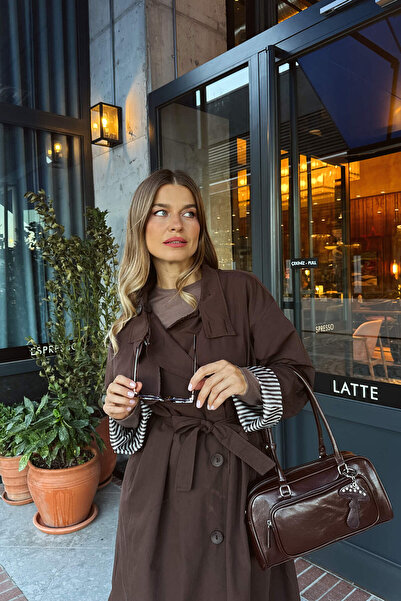 Sue Store Koyu Kahve Kuşaklı Astarlı Maxi Boy Oversize Trençkot