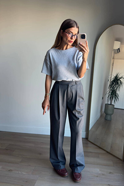 Sue Store Antrasit Pileli Yüksek Bel Palazzo Pantolon