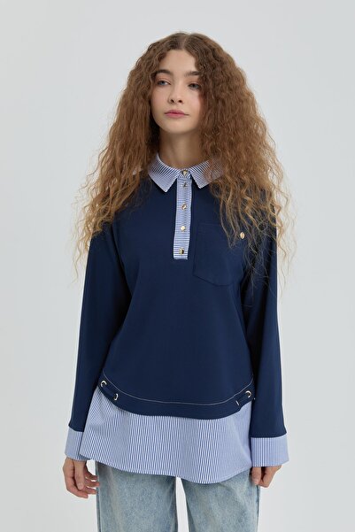 Nihan Çizgi Kumaş Garnili Örme Gömlek Yaka Tunik Lacivert