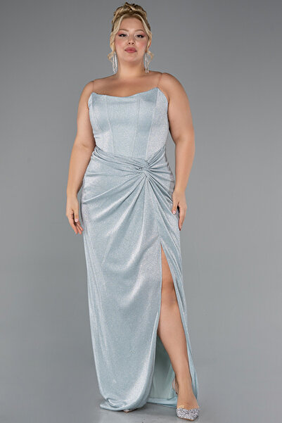 Abiyefon Mint Straplez Bacak Dekolteli Uzun Simli Abiye ABU5339