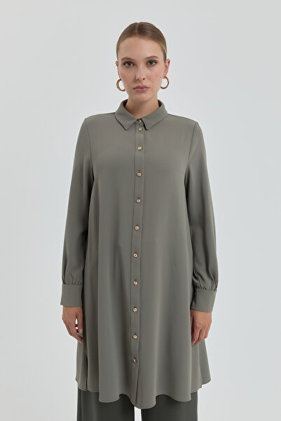 Nihan Gold Düğmeli Gömlek Yaka Tunik Haki