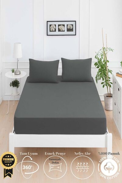 Mislina Home Mirava Premium 100% Cotton Combed Elastic Single Bed Sheet Set (Includes 1 Pillowcase) Anthracite