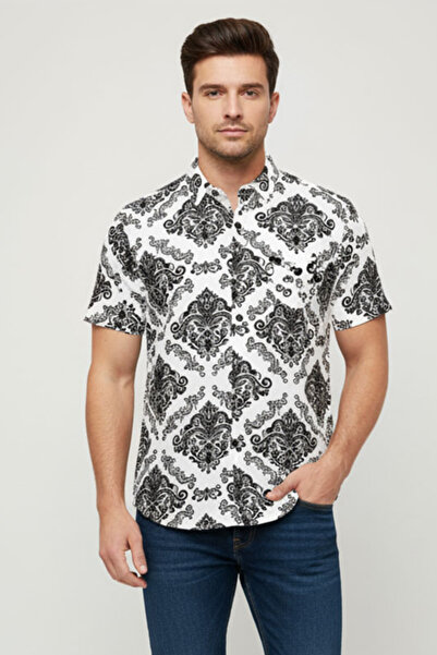 Muchmy Men Shirt Floral Print Soft Cotton Blend Material Men's T-shirt Casual Office Shirts