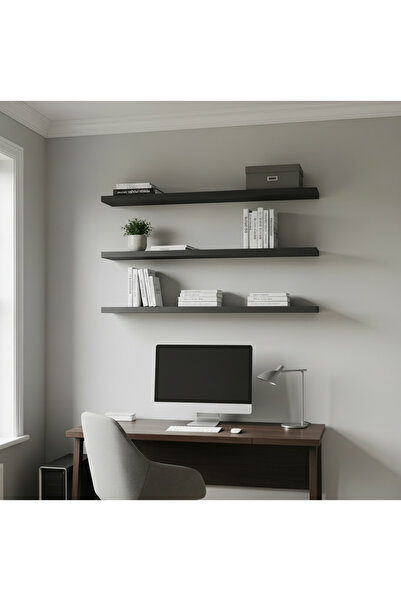 Free Home Premium MDF Ürün Gizli Montajlı Uçan Raf 100x15 - 3 Adet Antrasit Kitaplık Mutfak Banyo Salon Rafı