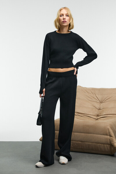 GRIMELANGE Mariposa women's round neck striped crop top wide leg knit black bottom-top set