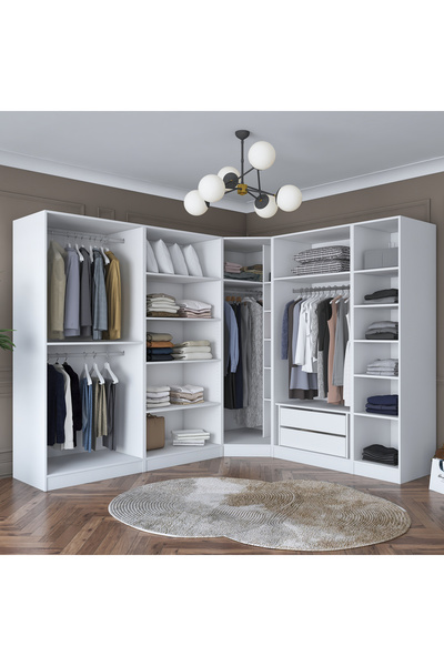 Rani Mobilya Rani BA151 Köşe Gardırop Elbise Dolabı 8 Kapaklı 2 Çekmeceli 17 Raflı 4 Askılı Modüler Dolap Beyaz