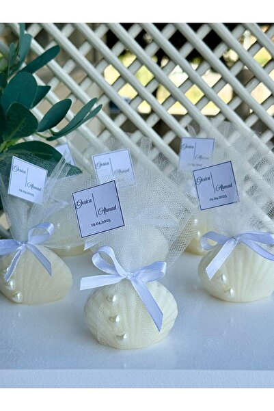 cacagift design 10 Adet Beyaz Kurdeleli İncili İstiridye Mum (Nikah Şekeri, D...
