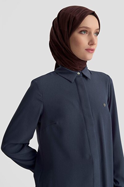 Armine TREND Gizli Düğmeli Kol Detaylı Gömlek Yakalı Tunik İndigo 25YT4158