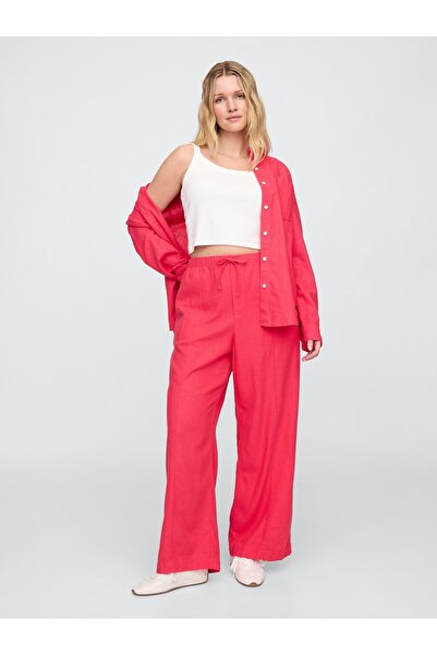 GAP Kadın Kırmızı Mid Rise Keten Karışımlı Pull-On Wide-Leg Pantolon