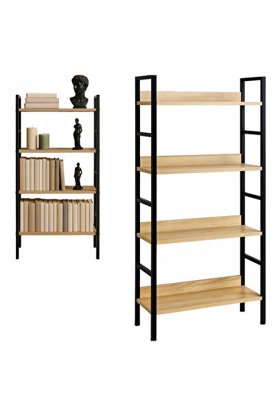 zola Industrial style shelving unit, 4 shelves, steel frame, 60 x 27.5 x 126 cm, natural oak