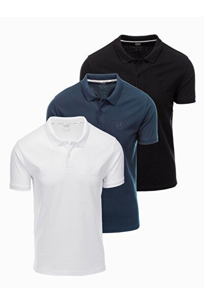 OMBRE BASIC men's cotton polo t-shirt set - white/navy blue/black V1 OM-POBS-0133 L