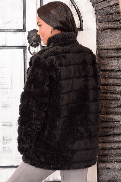 bacc Γυναικείο μαύρο βελούδινο μπουφάν από ψεύτικη γούνα BCBT-252000