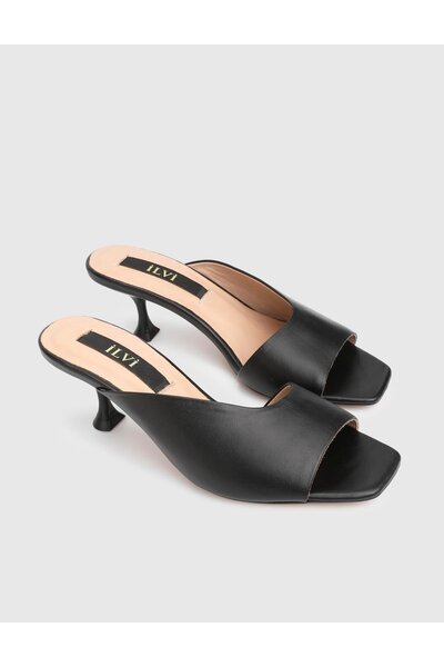 İLVİ Jezebel Genuine Leather Black Women's Heeled Slippers