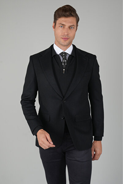 Bisse Comfort Fit Siyah Mono Yaka Çift Yırtmaçlı 6 Drop Yün Erkek Ceket