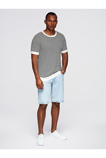 OMBRE Men's knitted t-shirt with navy stripes and openwork weave - black and white V1 OM-TSCT-0255 XL