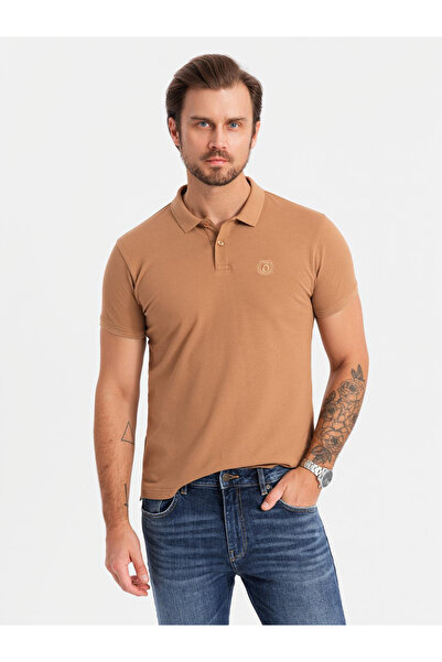 OMBRE Pánské bavlněné polo tričko BASIC - bílá/béžová/světle hnědá V6 OM-POBS-0133 L