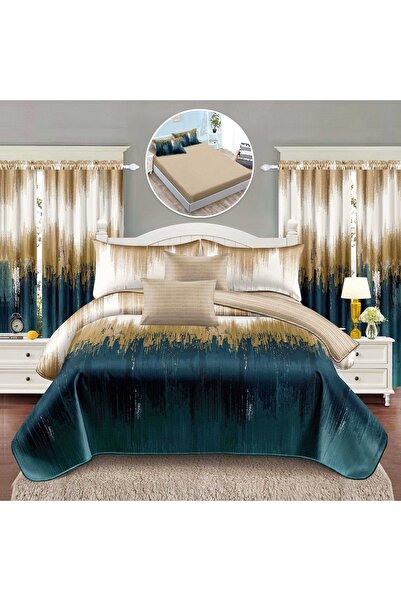 OEM Bedding set, 2 people, fine, 8 pieces, with elastic + 2 curtains, green and brown, LELD814