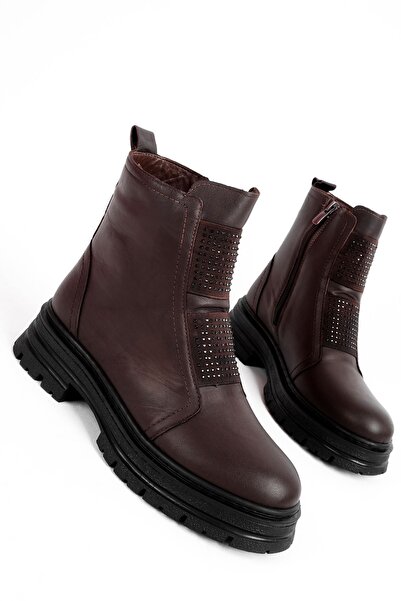 Lal Shoes & Bags Jayla Kadın Hakiki Deri Taş Detaylı Lastikli Yandan Fermuarlı Bot b4149-Kahverengi