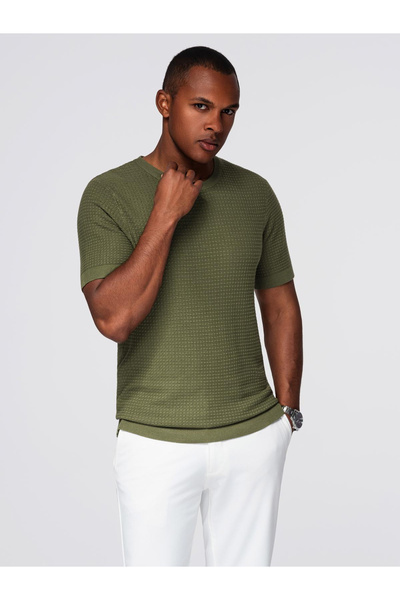OMBRE Structured knitted shirt for men - olive V1 OM-TSCT-0253 XXL