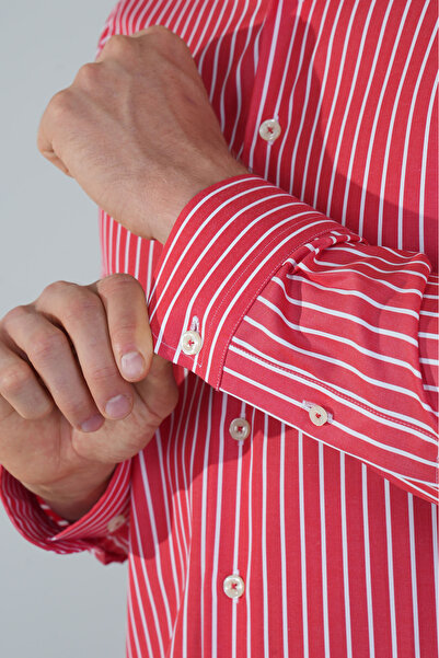 Bisse Uzun Kol İtalyan Yaka Cepsiz Kırmızı Pamuk Erkek Gömlek