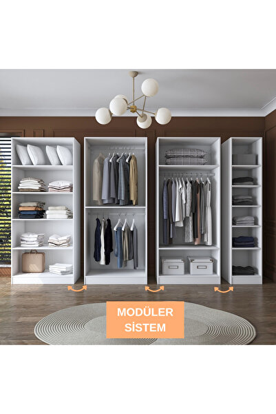 Rani Mobilya Rani BA153 Geniş Gardırop Elbise Dolabı 7 Kapaklı 12 Raflı 3 Askılı Modüler Dolap Beyaz