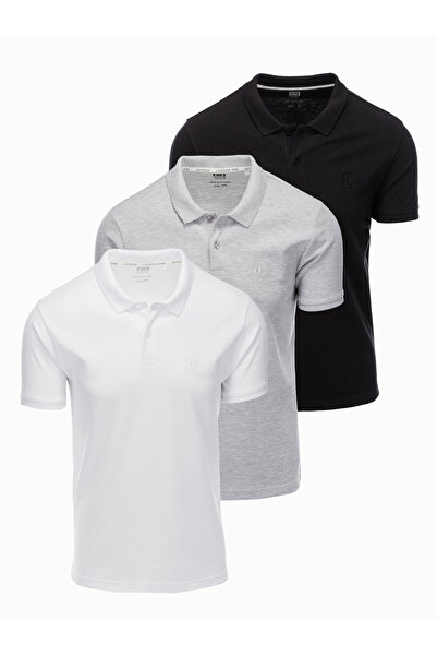 OMBRE Σετ ανδρικού βαμβακερού πόλο μπλουζάκι BASIC - λευκό/γκρι μελανζέ/μαύρο V2 OM-POBS-0133 M