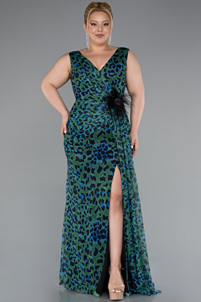 Abiyefon Yeşil Leopar Desenli Yırtmaçlı Uzun Şifon Büyük Beden Abiye ABU5018