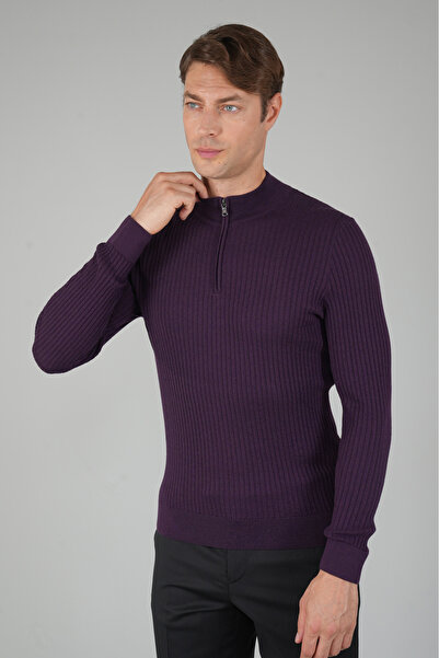 Bisse Mürdüm Yarım Balıkçı Fermuarlı Full Jakar Yün Erkek Triko