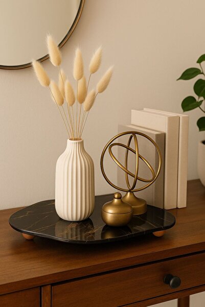 Meralles Dekoratif Siyah Gold Mermer Desenli Cam Tepsi Ahşap Top Ayaklı Cam Sunumluk / Organizer 33x23 cm