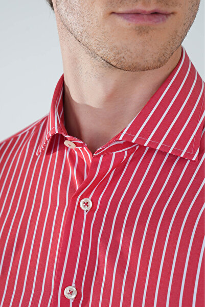 Bisse Uzun Kol İtalyan Yaka Cepsiz Kırmızı Pamuk Erkek Gömlek