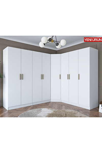 Rani Mobilya Rani BA151 Köşe Gardırop Elbise Dolabı 8 Kapaklı 2 Çekmeceli 17 Raflı 4 Askılı Modüler Dolap Beyaz