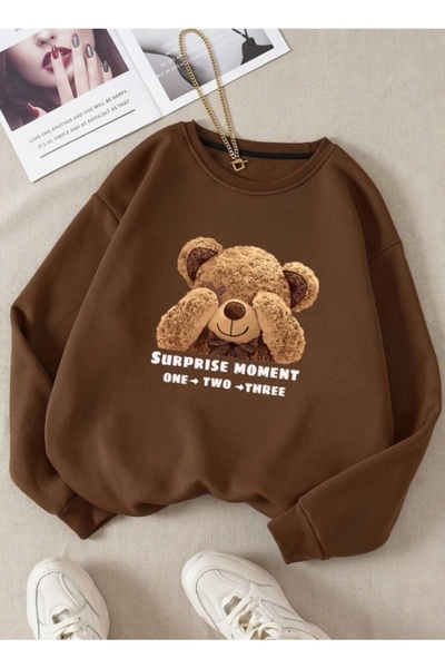 CARLA MARA Ursuleț maro pentru femei cu imprimeu supradimensionat Swea tricou