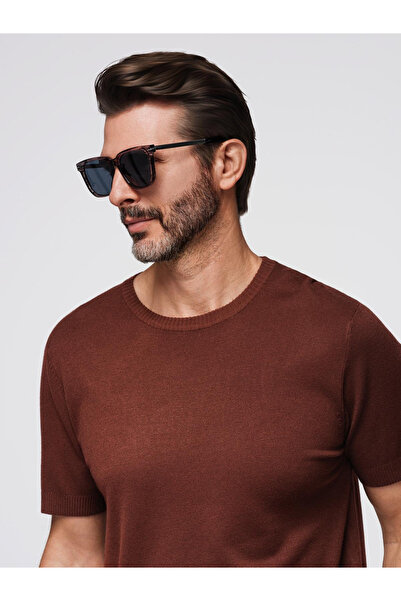 OMBRE Κλασικό πλεκτό πουκάμισο για άνδρες με ριμπ μανσέτες - ζεστό καφέ V4 OM-TSCT-0252 M